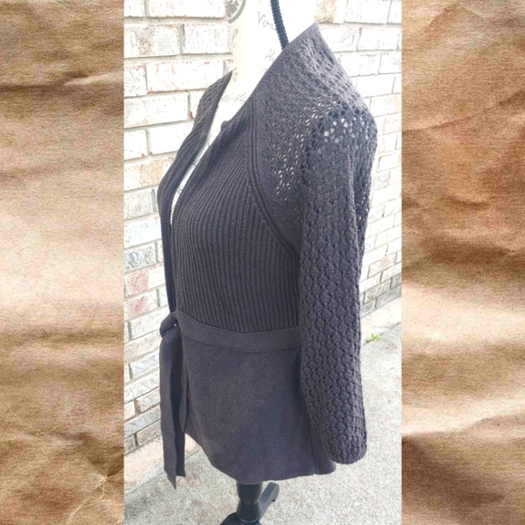 ✨Bell Sleeve✨Tahari Dark Brown Tie Front Open Weave Design Cardigan Sweater S - Picture 4 of 5